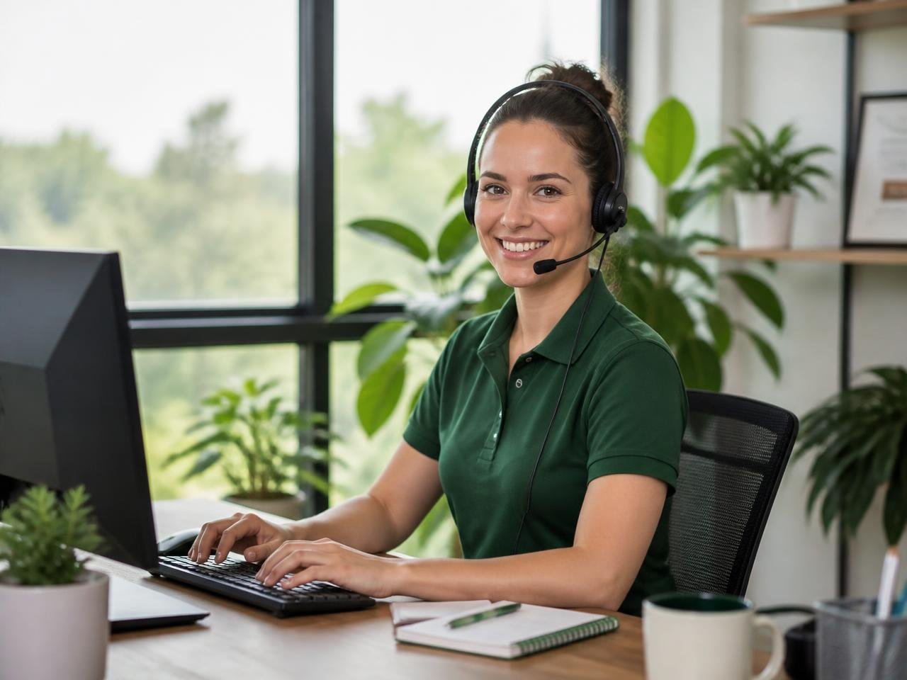 A customer-care agent wearing a headset at her desk